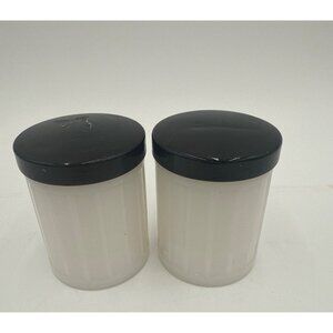 Two VTG White Bottles Milk Glass with Metal Lids Unmarked Cosmetics Empty